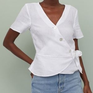 H&M  Linen Short-sleeved Wrapover Blouse - Size 2
